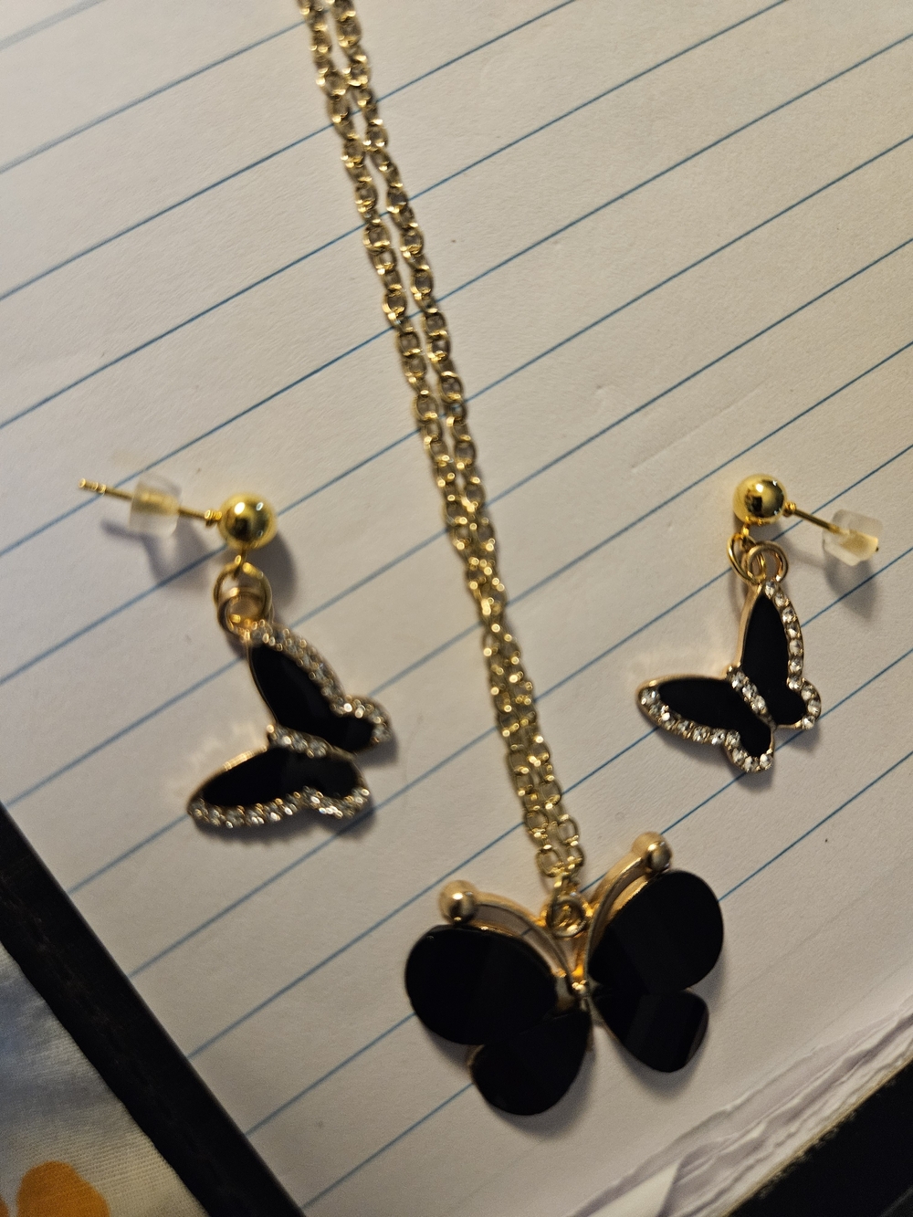 Gold and Black Butterfly Necklace & Earring Set